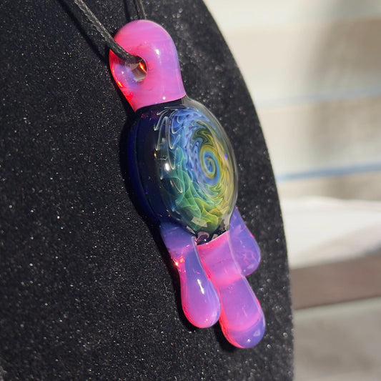 Fume drip glass pendant - gold and silver fumed linework with karmaline pink drips