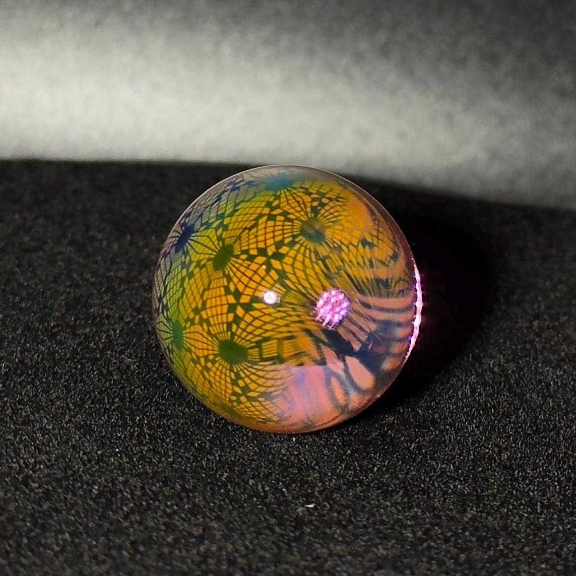 Fume gradient pattern blown glass marble with purple glass interior  - 23mm Disco Checker