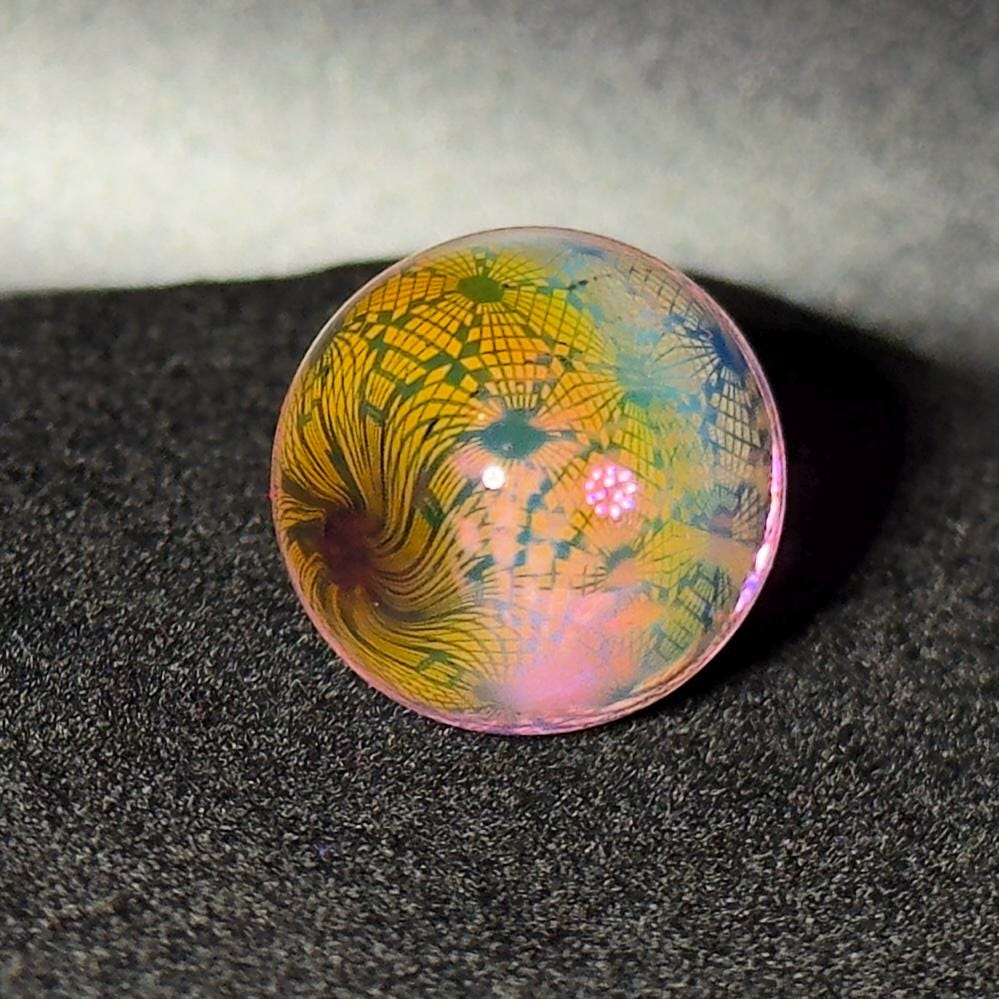 Fume gradient pattern blown glass marble with purple glass interior  - 23mm Disco Checker
