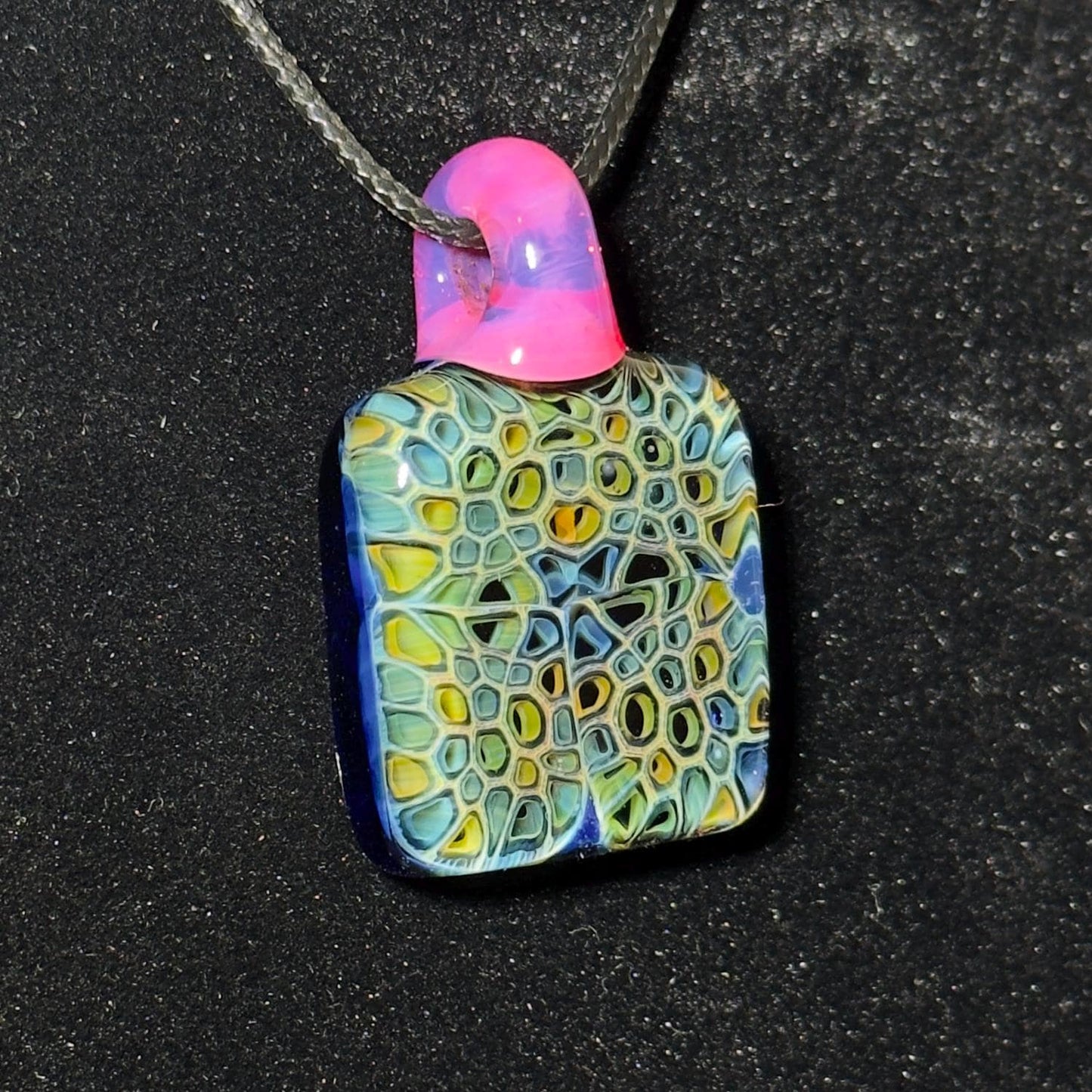 Hand Blown Fume Murrine Glass Pendant: Gold and Silver Fume Cell Tech, pink karmaline bale
