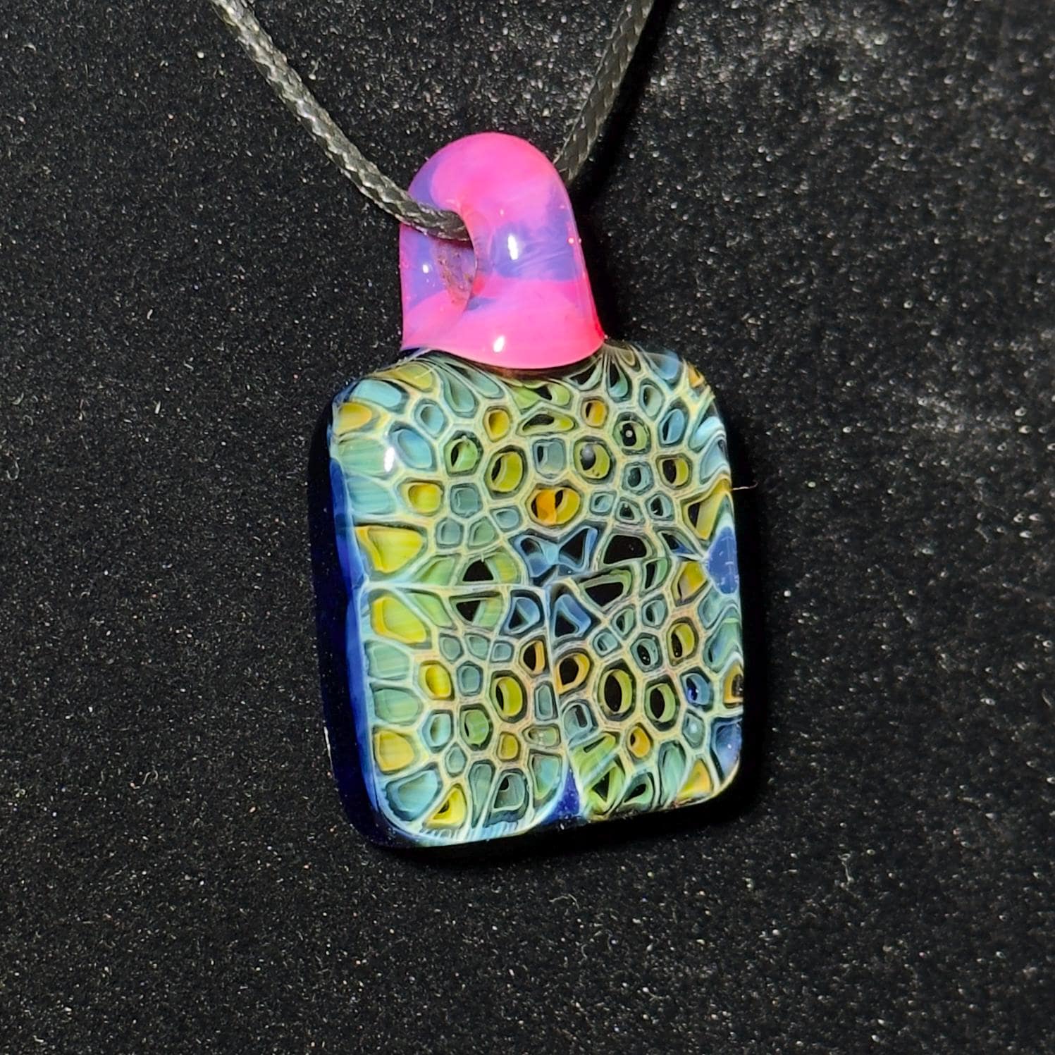 Hand Blown Fume Murrine Glass Pendant: Gold and Silver Fume Cell Tech, pink karmaline bale