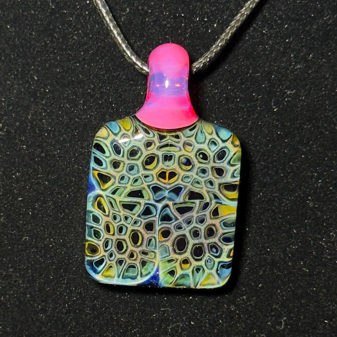 Hand Blown Fume Murrine Glass Pendant: Gold and Silver Fume Cell Tech, pink karmaline bale