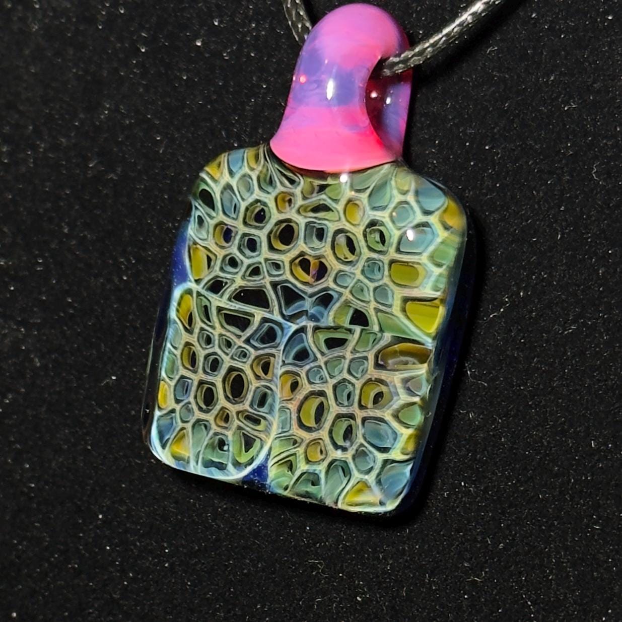 Hand Blown Fume Murrine Glass Pendant: Gold and Silver Fume Cell Tech, pink karmaline bale