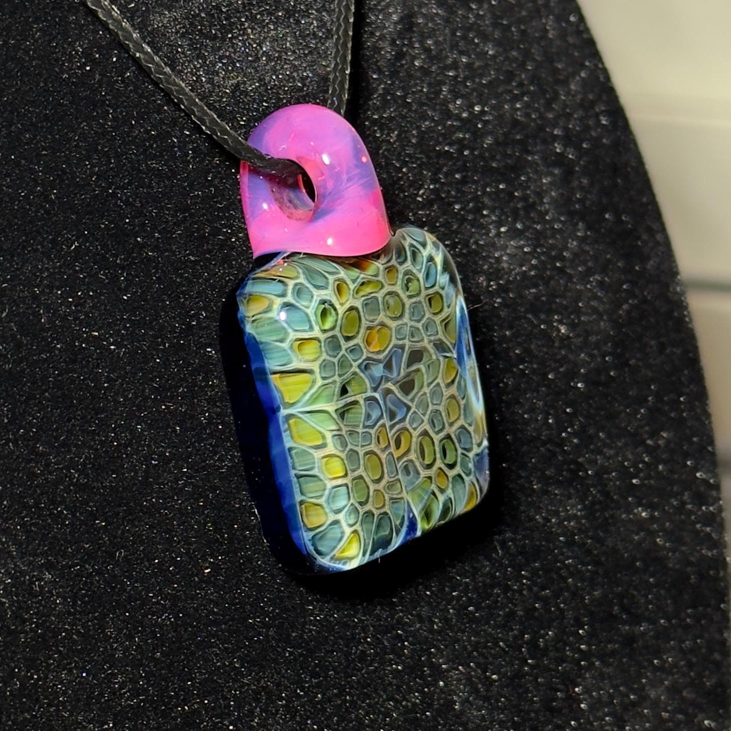 Hand Blown Fume Murrine Glass Pendant: Gold and Silver Fume Cell Tech, pink karmaline bale