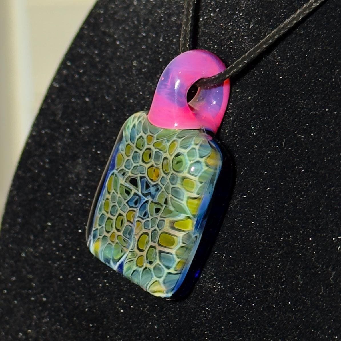 Hand Blown Fume Murrine Glass Pendant: Gold and Silver Fume Cell Tech, pink karmaline bale