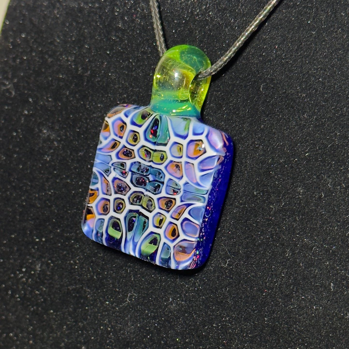 Hand Blown Murrine Glass Pendant: Gold and Silver Fume Cell Tech with crushed opal