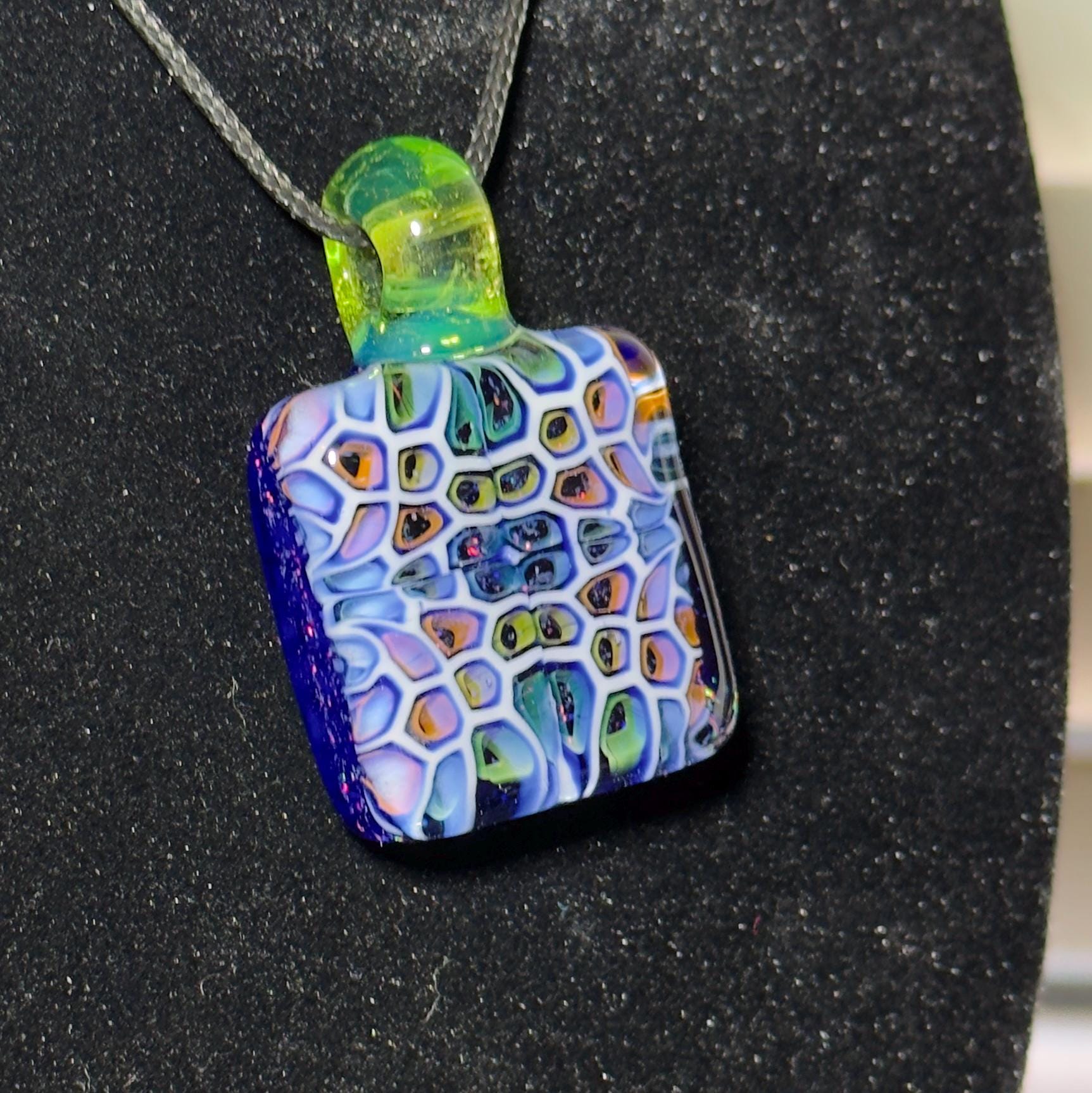 Hand Blown Murrine Glass Pendant: Gold and Silver Fume Cell Tech with crushed opal