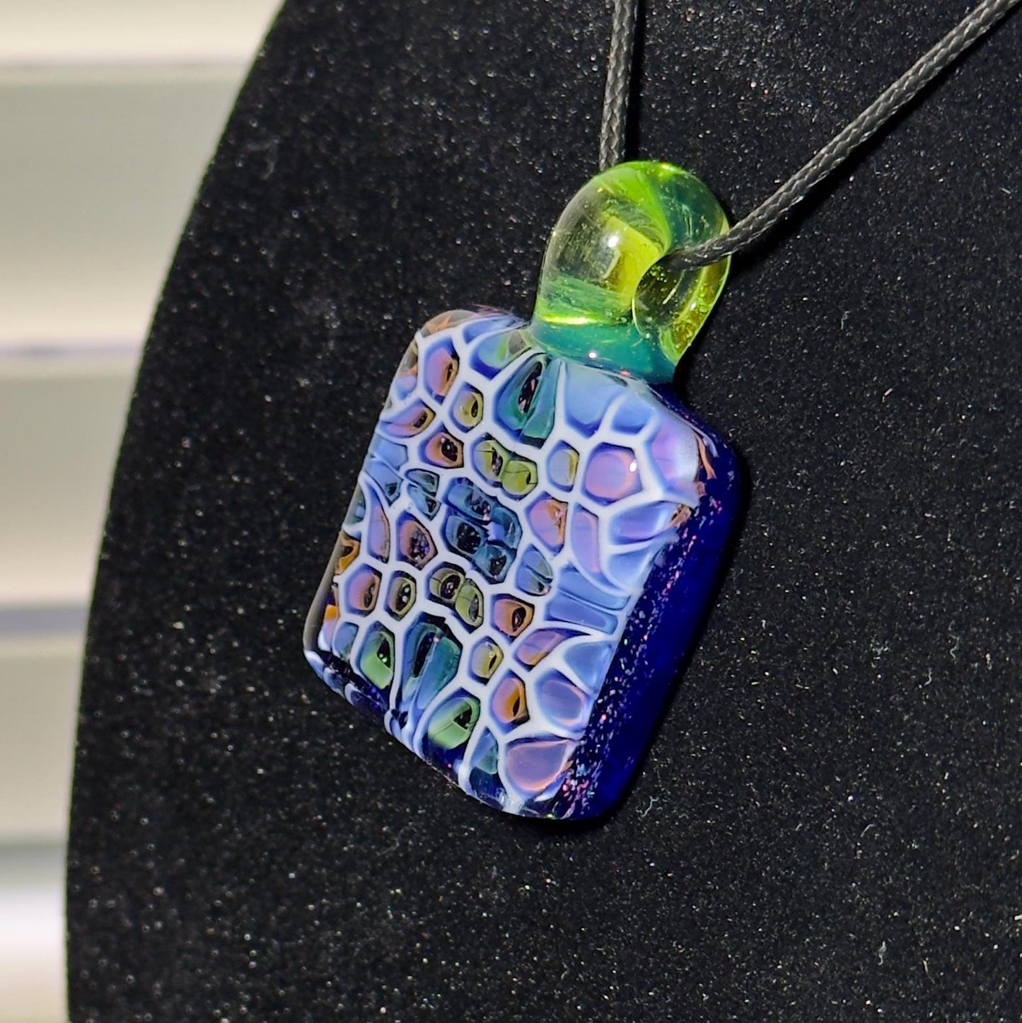 Hand Blown Murrine Glass Pendant: Gold and Silver Fume Cell Tech with crushed opal