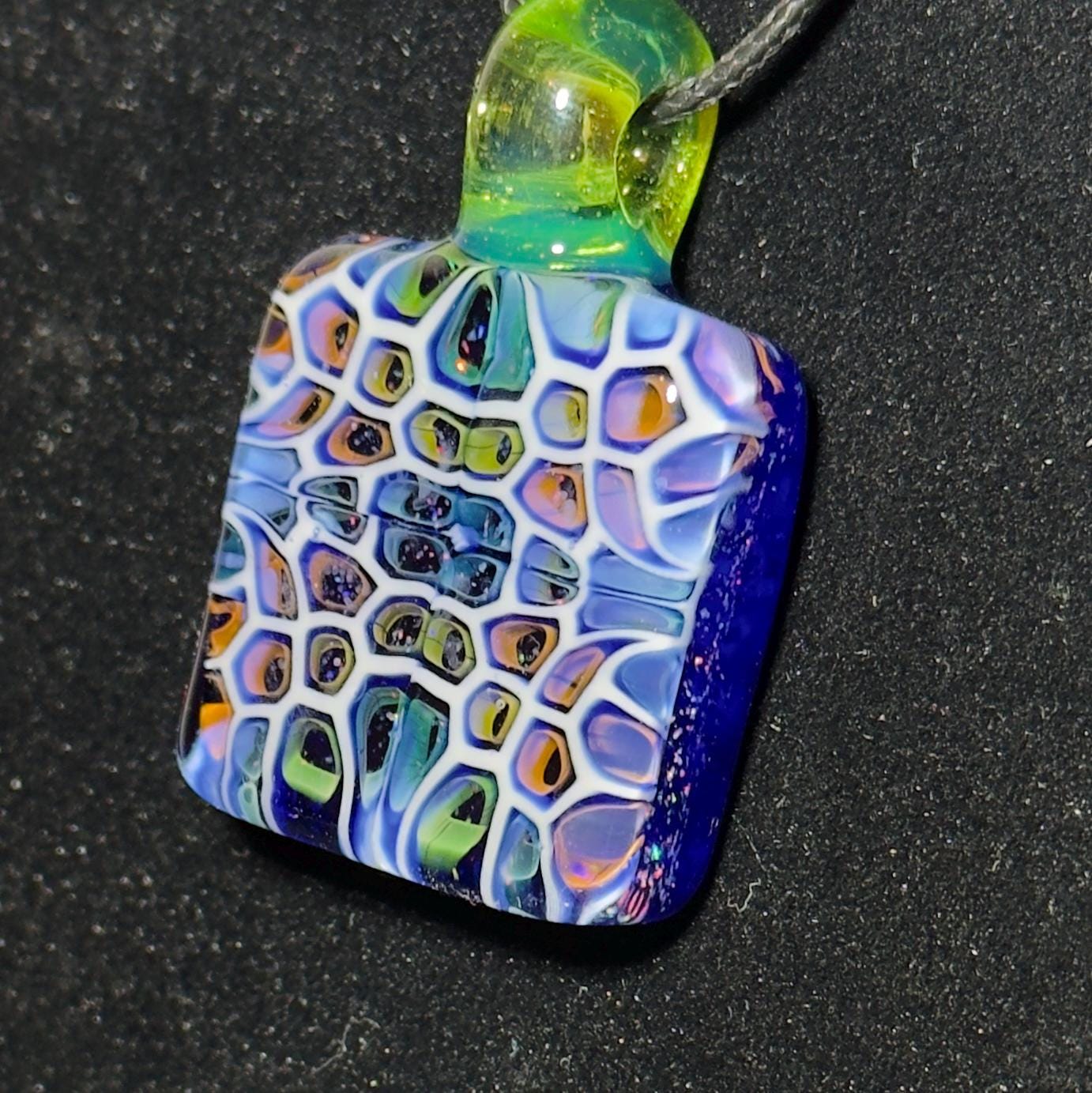 Hand Blown Murrine Glass Pendant: Gold and Silver Fume Cell Tech with crushed opal