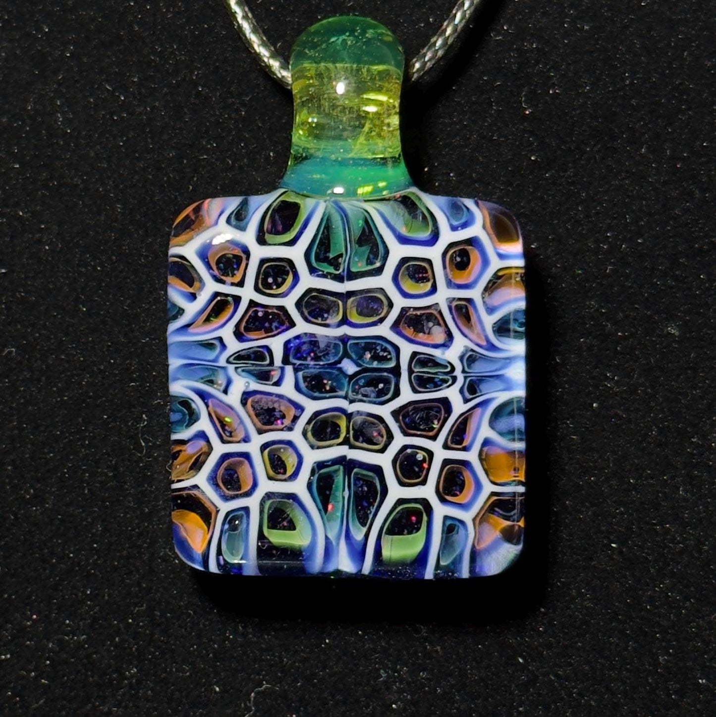 Hand Blown Murrine Glass Pendant: Gold and Silver Fume Cell Tech with crushed opal