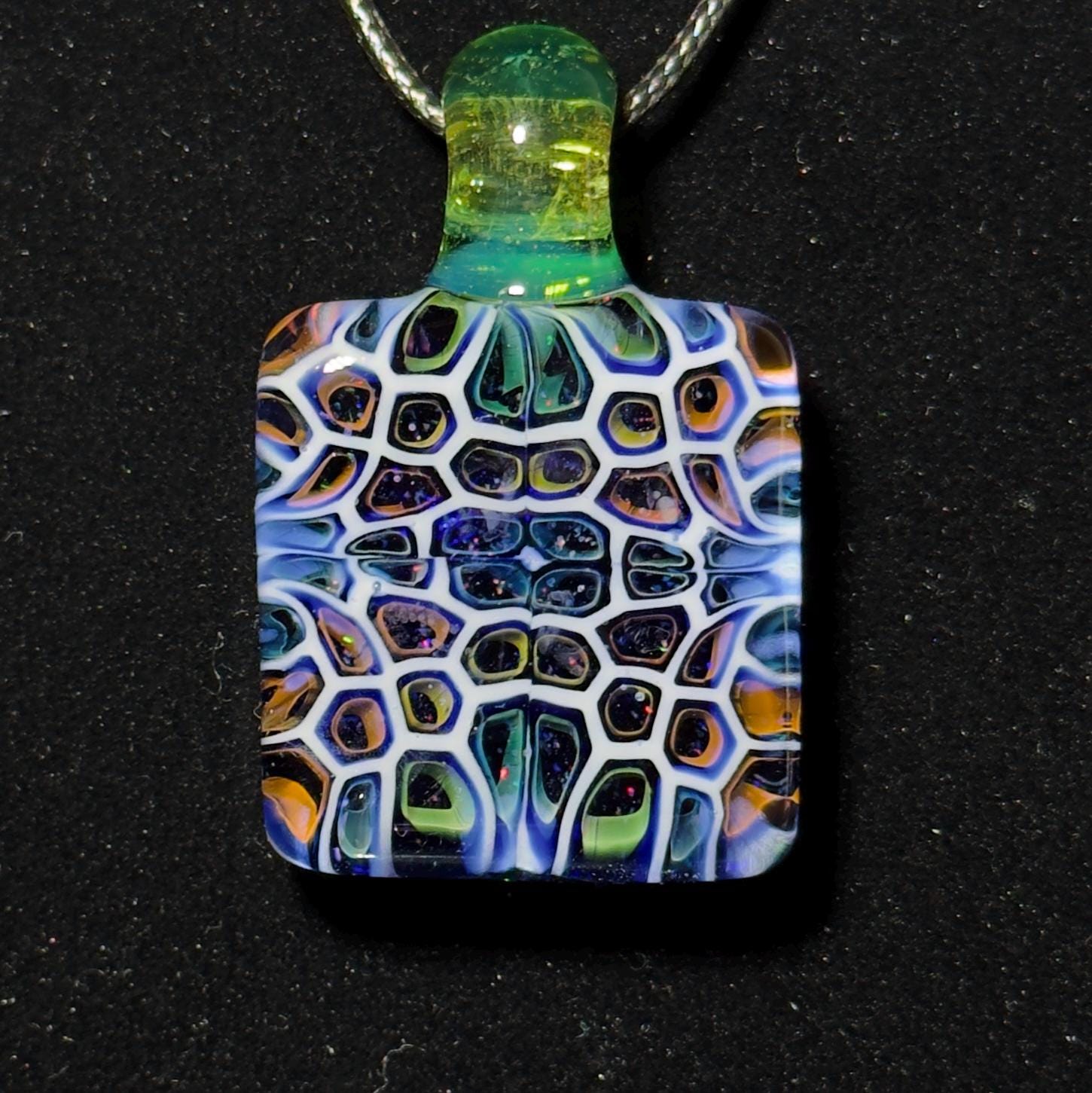 Hand Blown Murrine Glass Pendant: Gold and Silver Fume Cell Tech with crushed opal