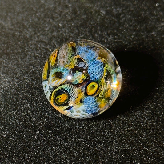 Hand blown borosilicate glass marble - iridescent fume murrini 25mm