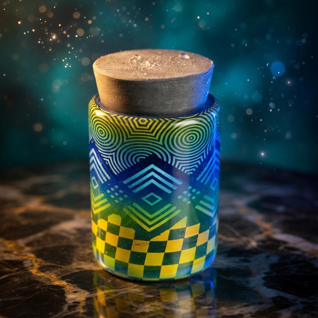 Hand blown glass jar, color changing fume gradient - Hologram tech fade translucent pattern