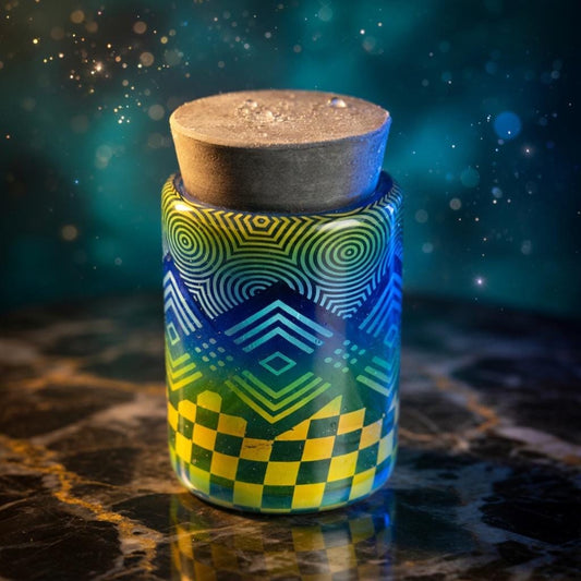 Hand blown glass jar, color changing fume gradient - Hologram tech fade translucent pattern