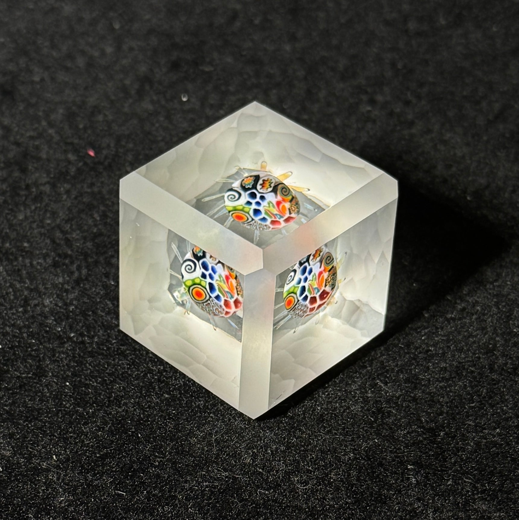 cold worked battuto cut glass cube with murrini implosion by Hefe Glass Remy 