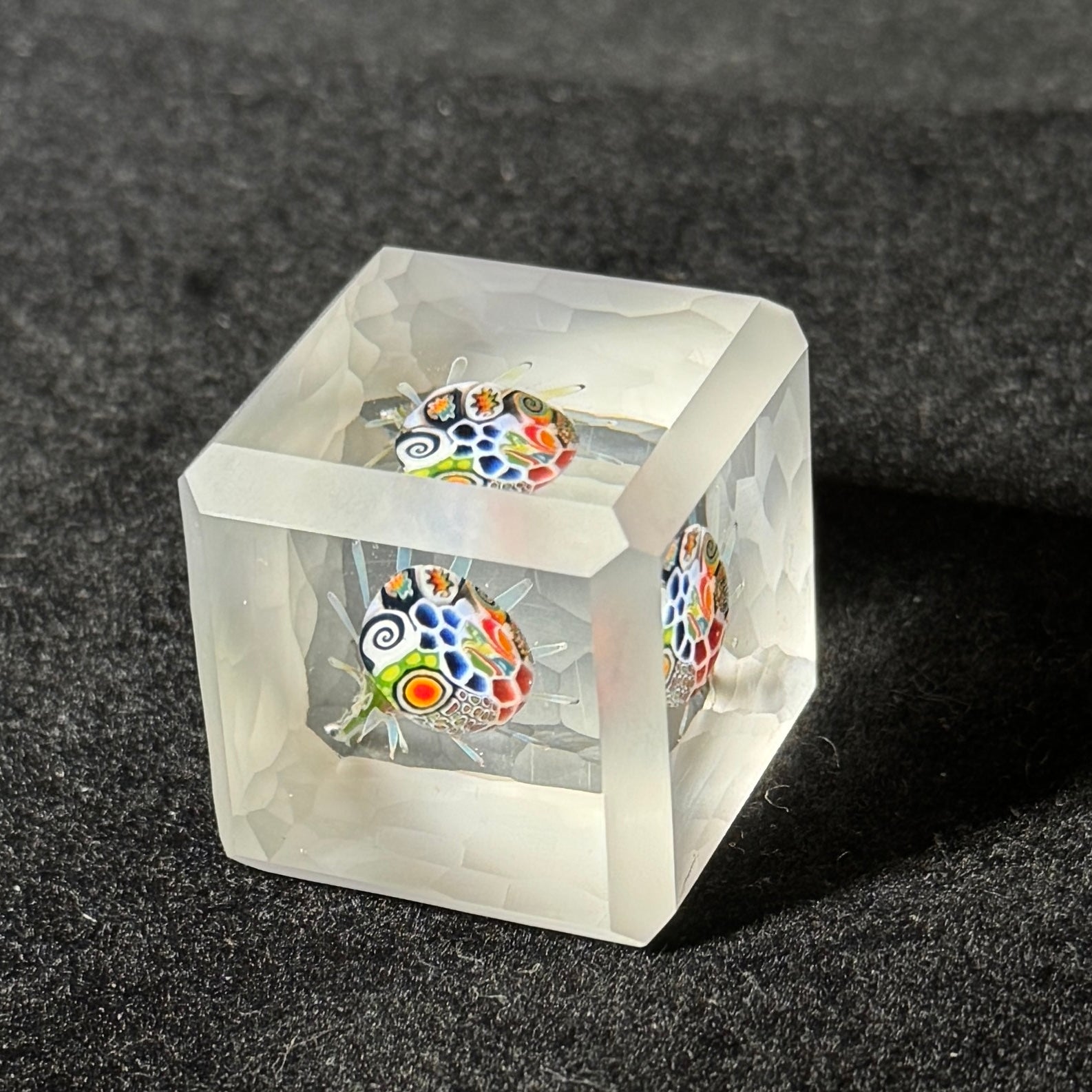 cold worked battuto cut glass cube with murrini implosion by Hefe Glass Remy 