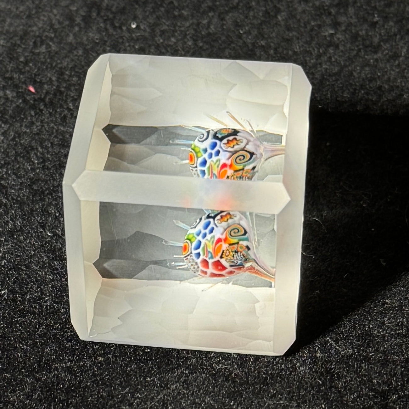 cold worked battuto cut glass cube with murrini implosion by Hefe Glass Remy 