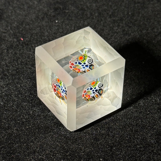 cold worked battuto cut glass cube with murrini implosion by Hefe Glass Remy 
