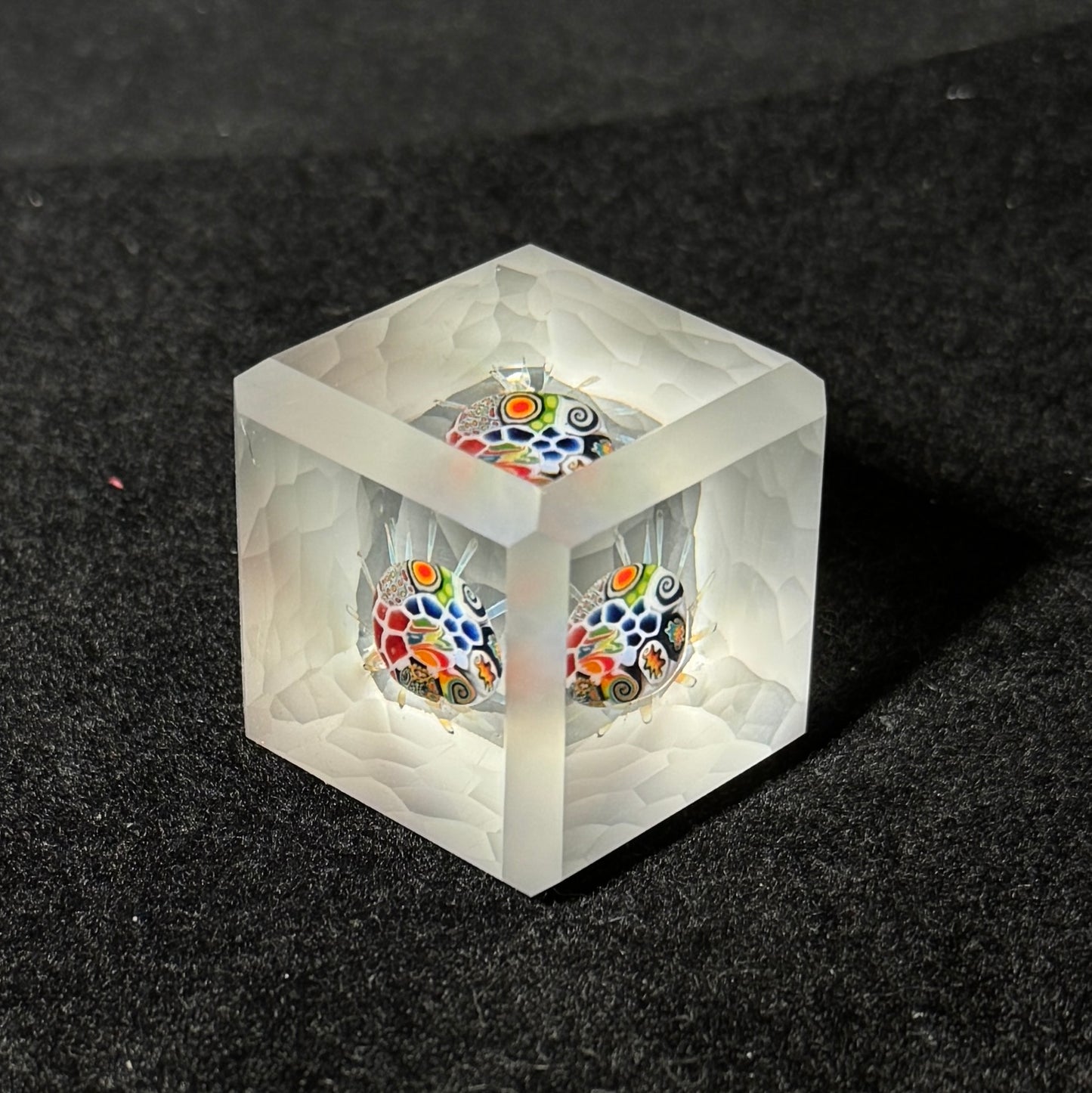 cold worked battuto cut glass cube with murrini implosion by Hefe Glass Remy 