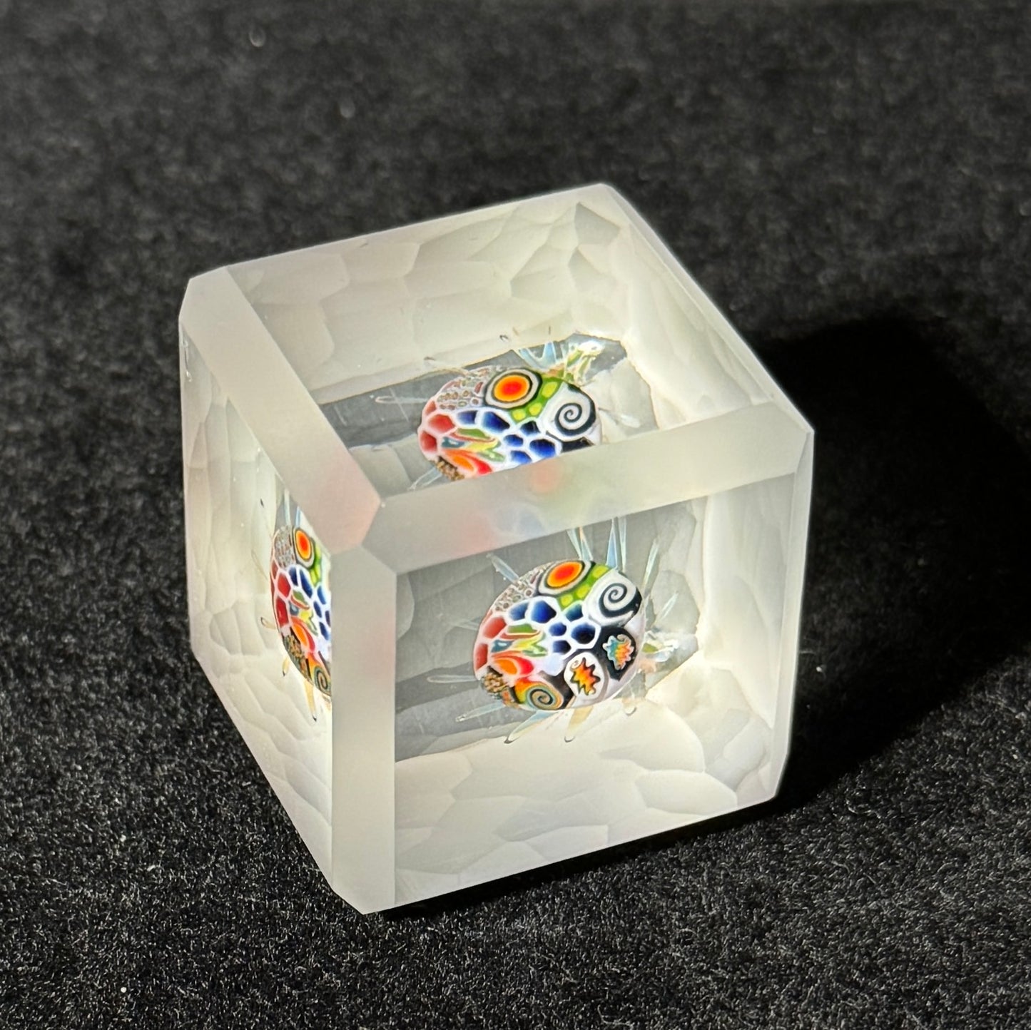 cold worked battuto cut glass cube with murrini implosion by Hefe Glass Remy 