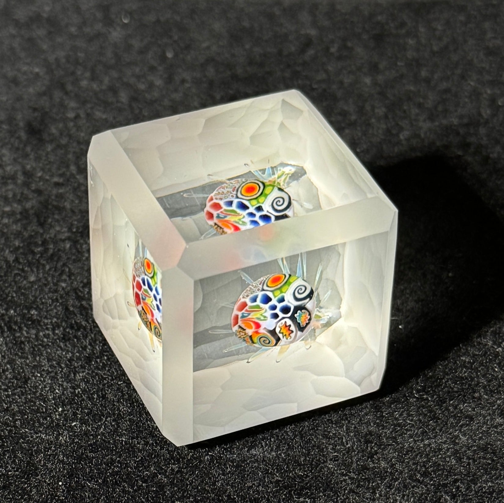 cold worked battuto cut glass cube with murrini implosion by Hefe Glass Remy 
