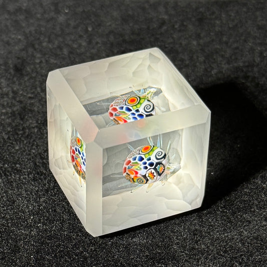 cold worked battuto cut glass cube with murrini implosion by Hefe Glass Remy 