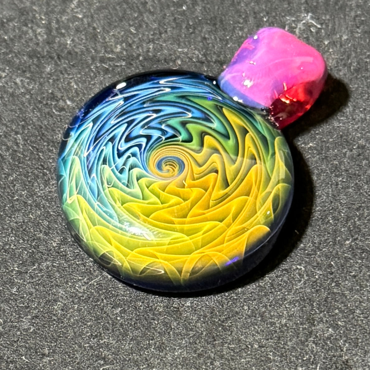 Gold and silver fume linework pendant with pink bale