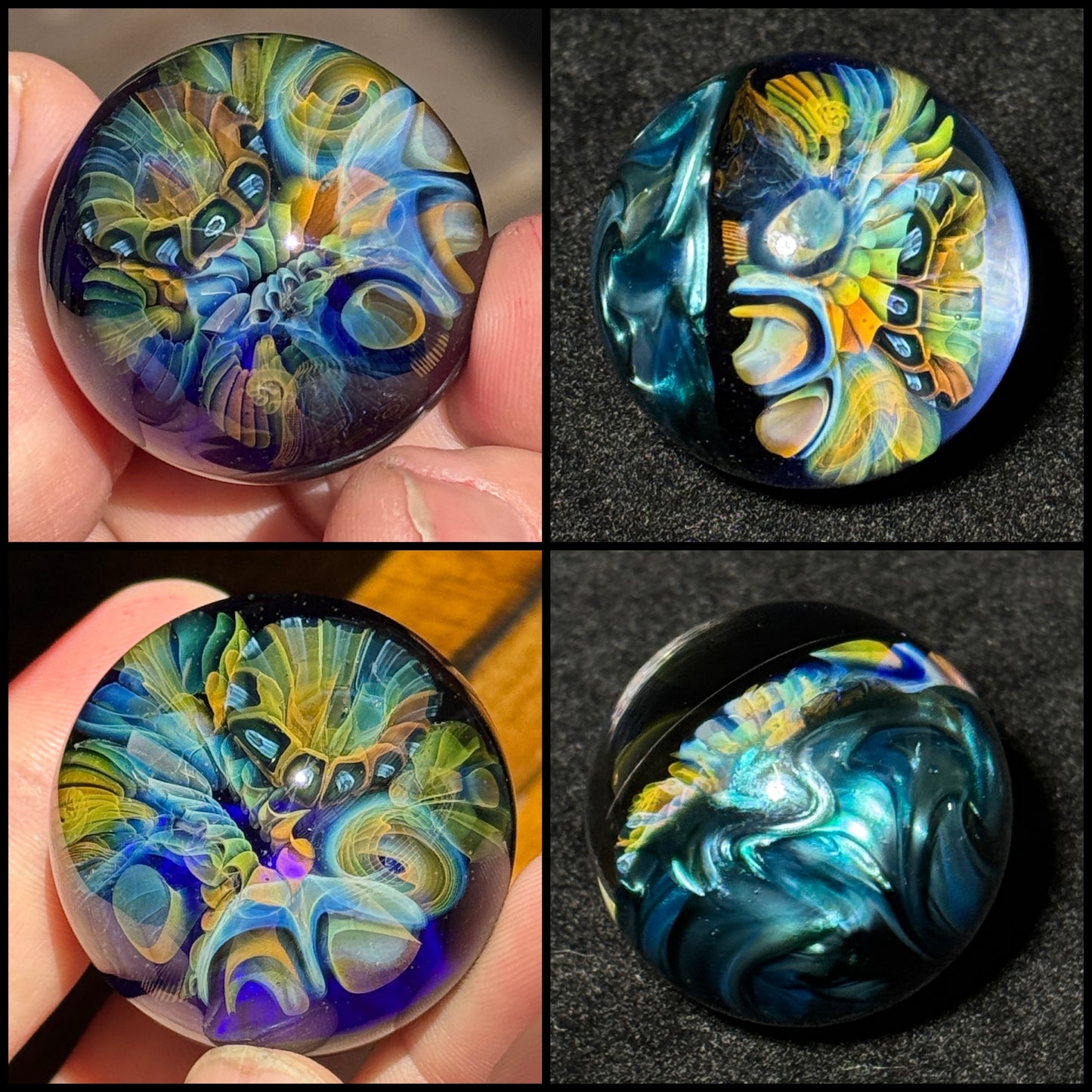 Fumescape implosion blown glass marble with neptunium swirl backing, 36mm