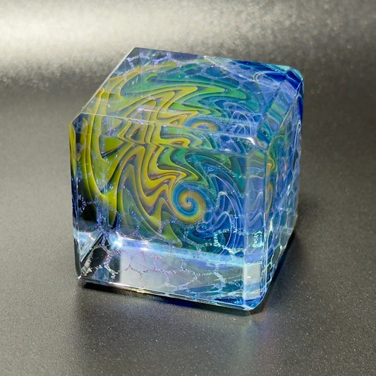 Gold and silver fume dichroic honeycomb blown borosilicate glass color changing cube