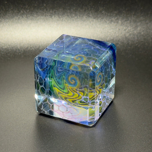 Gold and silver fume dichroic honeycomb blown borosilicate glass color changing cube