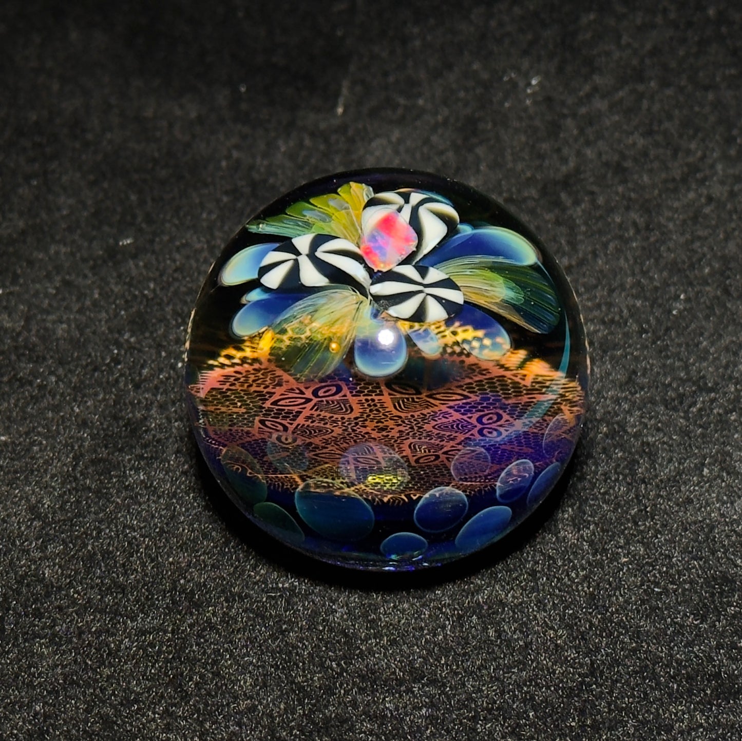 Opal flower gilded mandala glass marble with gold and silver fume 45mm - 24k gold fumed mandala sphere with tumbled opal flower