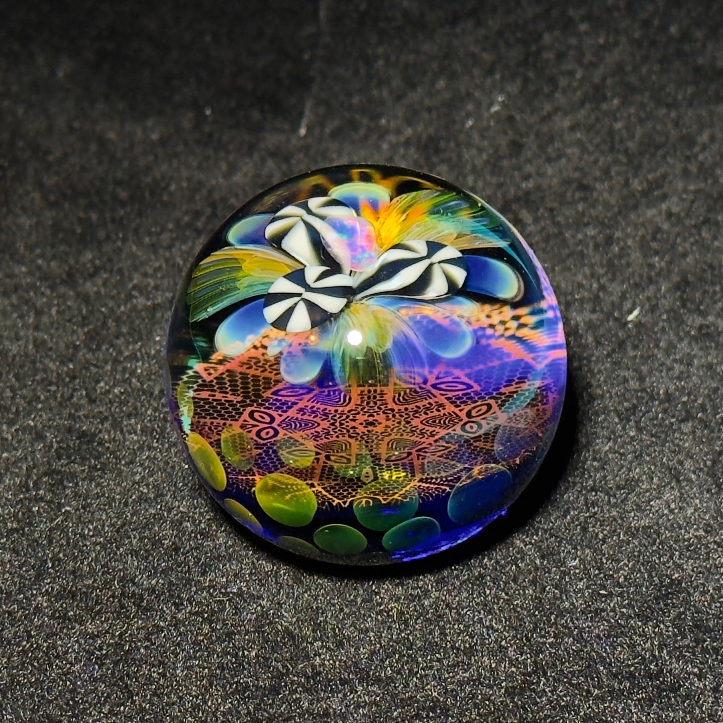 Opal flower gilded mandala glass marble with gold and silver fume 45mm - 24k gold fumed mandala sphere with tumbled opal flower