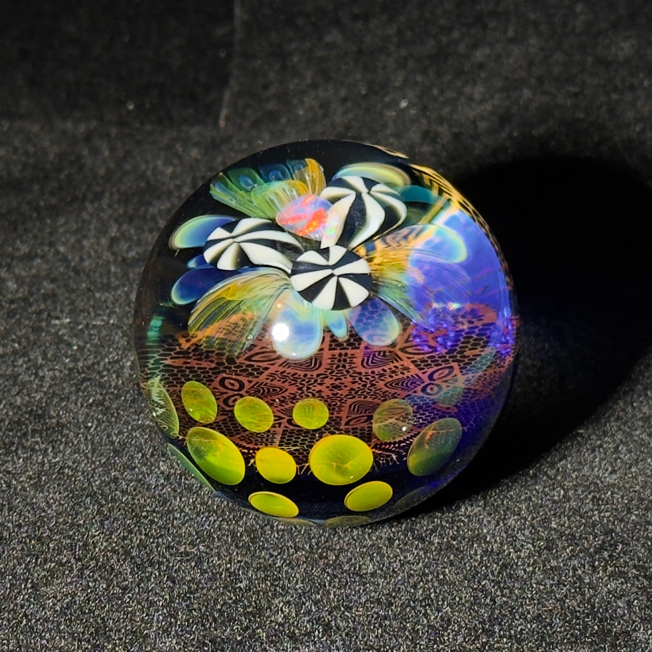 Opal flower gilded mandala glass marble with gold and silver fume 45mm - 24k gold fumed mandala sphere with tumbled opal flower