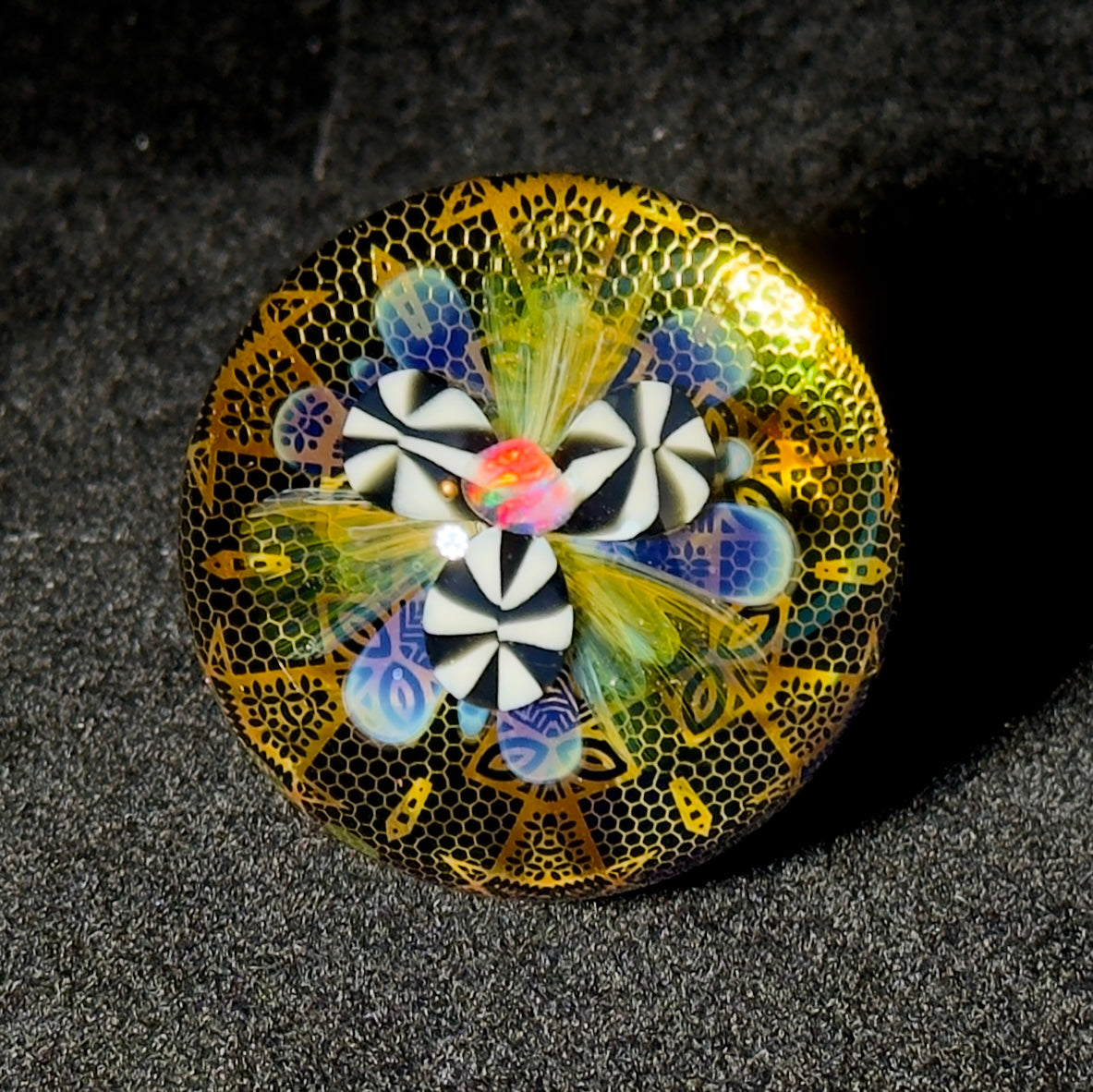 Opal flower gilded mandala glass marble with gold and silver fume 45mm - 24k gold fumed mandala sphere with tumbled opal flower