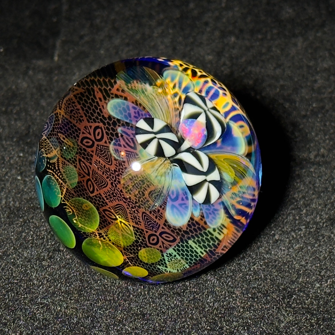 Opal flower gilded mandala glass marble with gold and silver fume 45mm - 24k gold fumed mandala sphere with tumbled opal flower