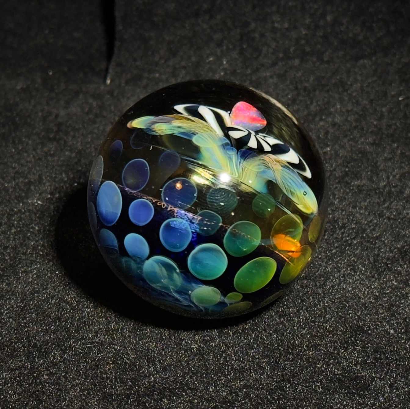 Opal flower gilded mandala glass marble with gold and silver fume 45mm - 24k gold fumed mandala sphere with tumbled opal flower