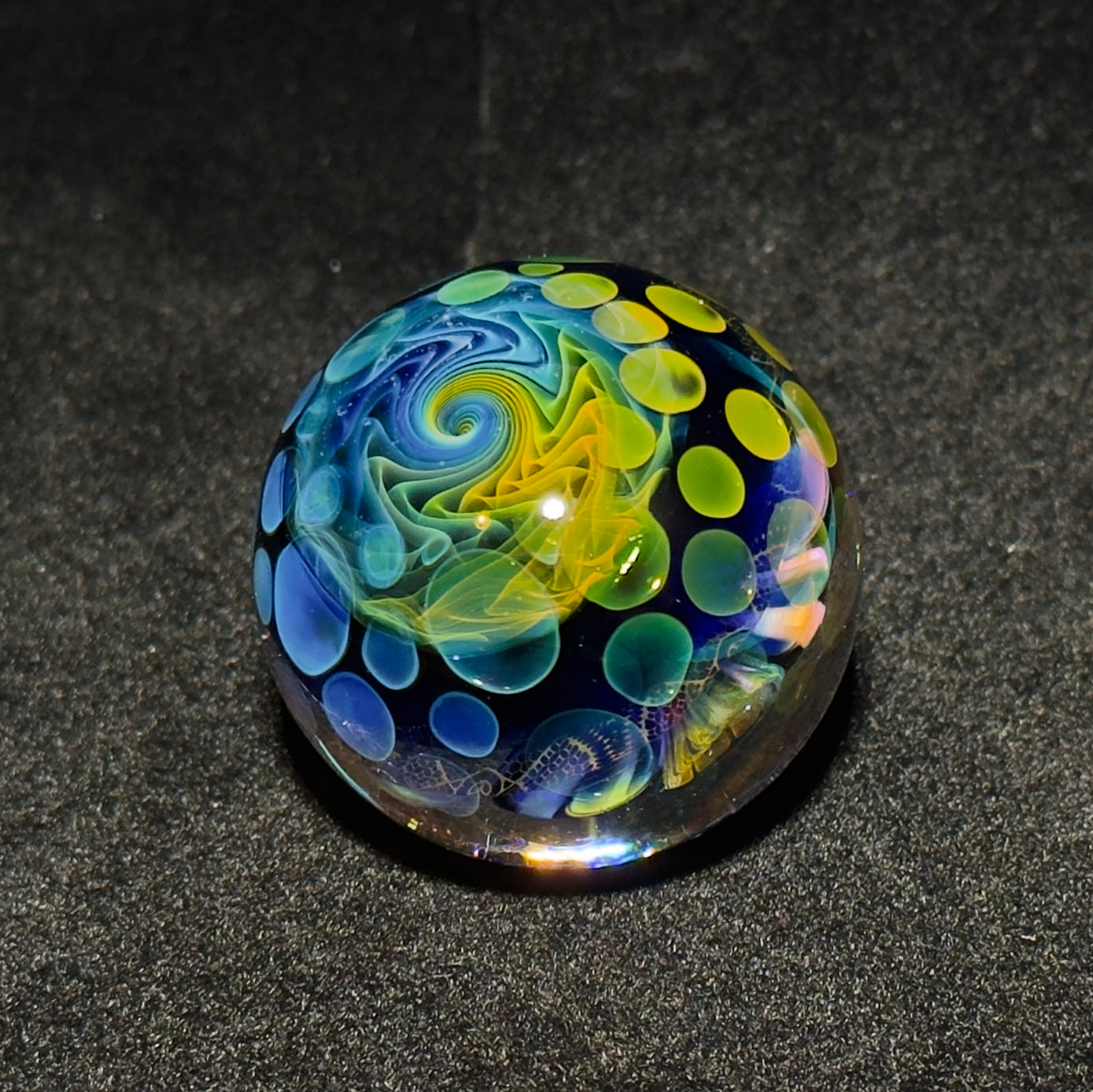 Opal flower gilded mandala glass marble with gold and silver fume 45mm - 24k gold fumed mandala sphere with tumbled opal flower