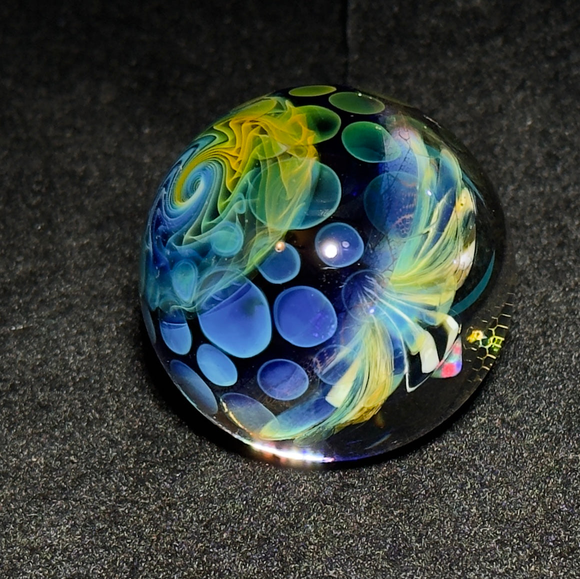 Opal flower gilded mandala glass marble with gold and silver fume 45mm - 24k gold fumed mandala sphere with tumbled opal flower