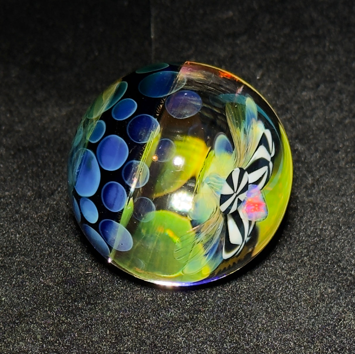 Opal flower gilded mandala glass marble with gold and silver fume 45mm - 24k gold fumed mandala sphere with tumbled opal flower