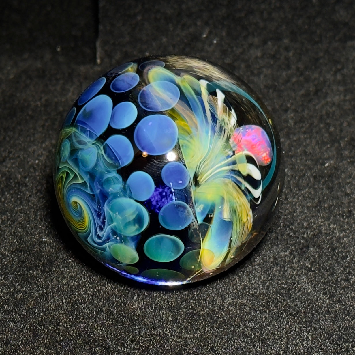 Opal flower gilded mandala glass marble with gold and silver fume 45mm - 24k gold fumed mandala sphere with tumbled opal flower