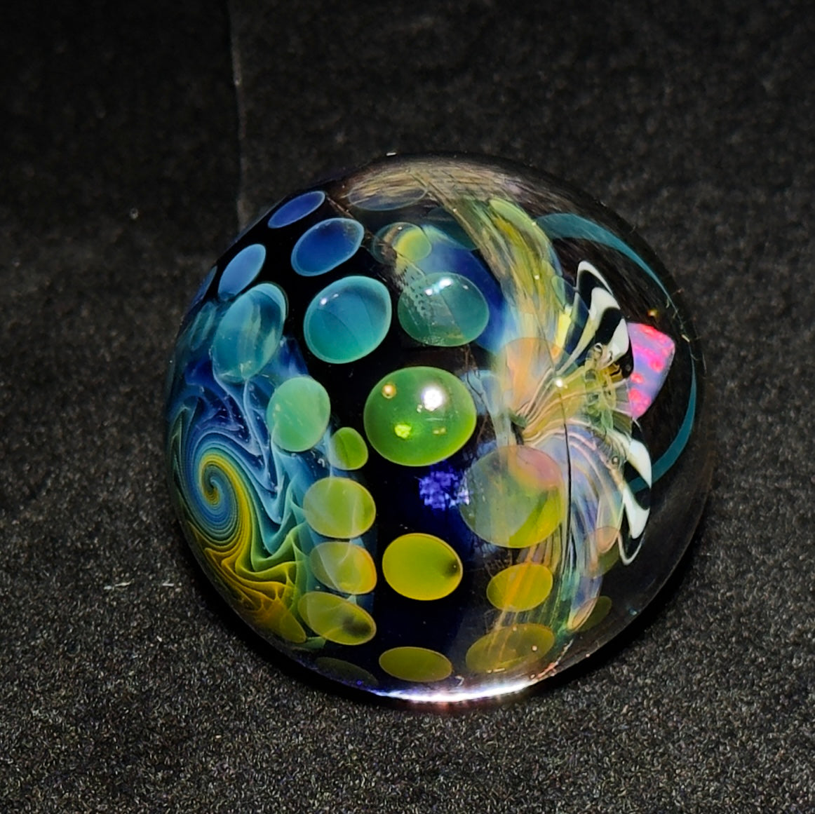 Opal flower gilded mandala glass marble with gold and silver fume 45mm - 24k gold fumed mandala sphere with tumbled opal flower