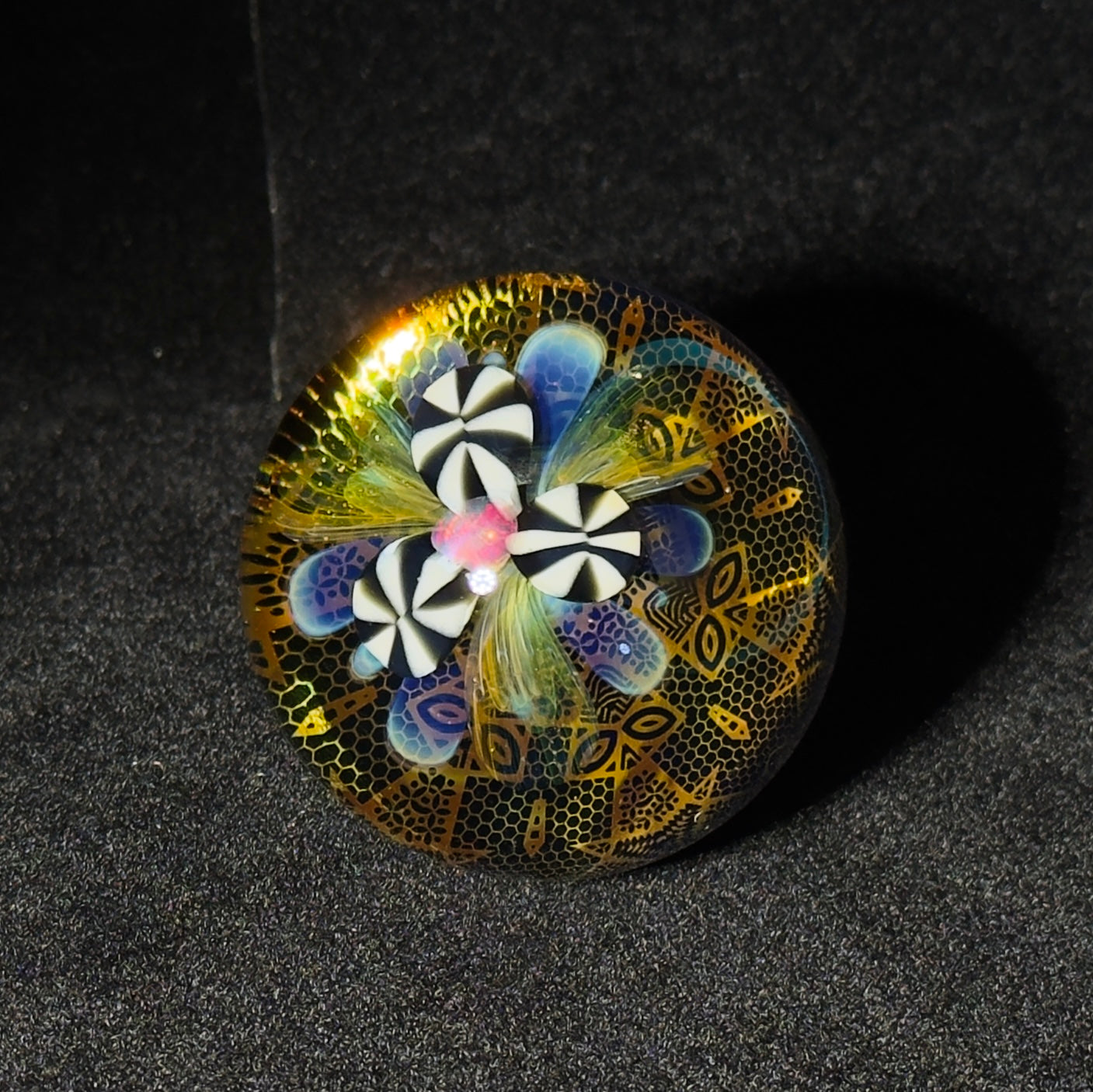 Opal flower gilded mandala glass marble with gold and silver fume 45mm - 24k gold fumed mandala sphere with tumbled opal flower