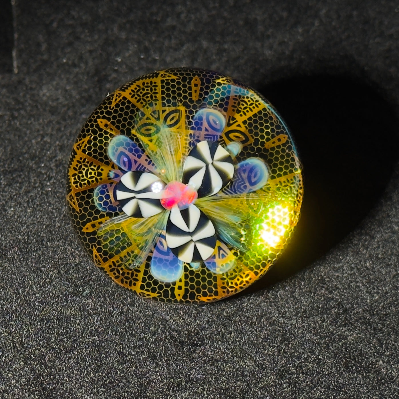 Opal flower gilded mandala glass marble with gold and silver fume 45mm - 24k gold fumed mandala sphere with tumbled opal flower