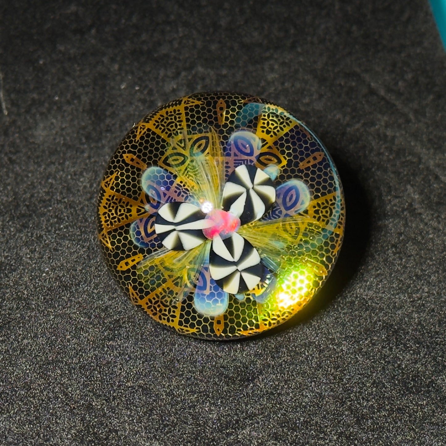 Opal flower gilded mandala glass marble with gold and silver fume 45mm - 24k gold fumed mandala sphere with tumbled opal flower