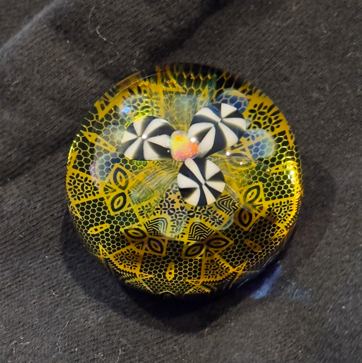 Opal flower gilded mandala glass marble with gold and silver fume 45mm - 24k gold fumed mandala sphere with tumbled opal flower