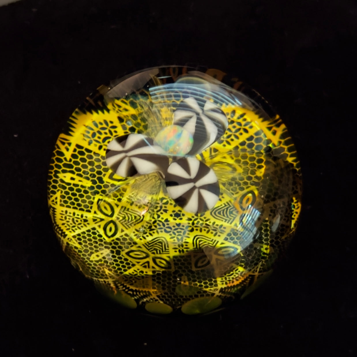 Opal flower gilded mandala glass marble with gold and silver fume 45mm - 24k gold fumed mandala sphere with tumbled opal flower