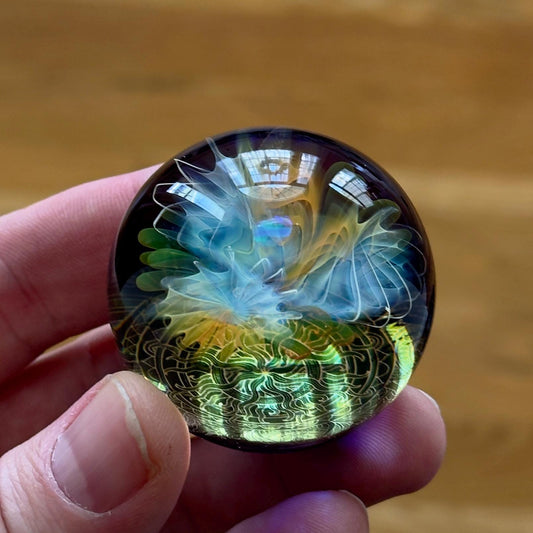 Opal Fume Flower Glass Marble: 24k Gold Fumed Mandala Sphere (44mm)