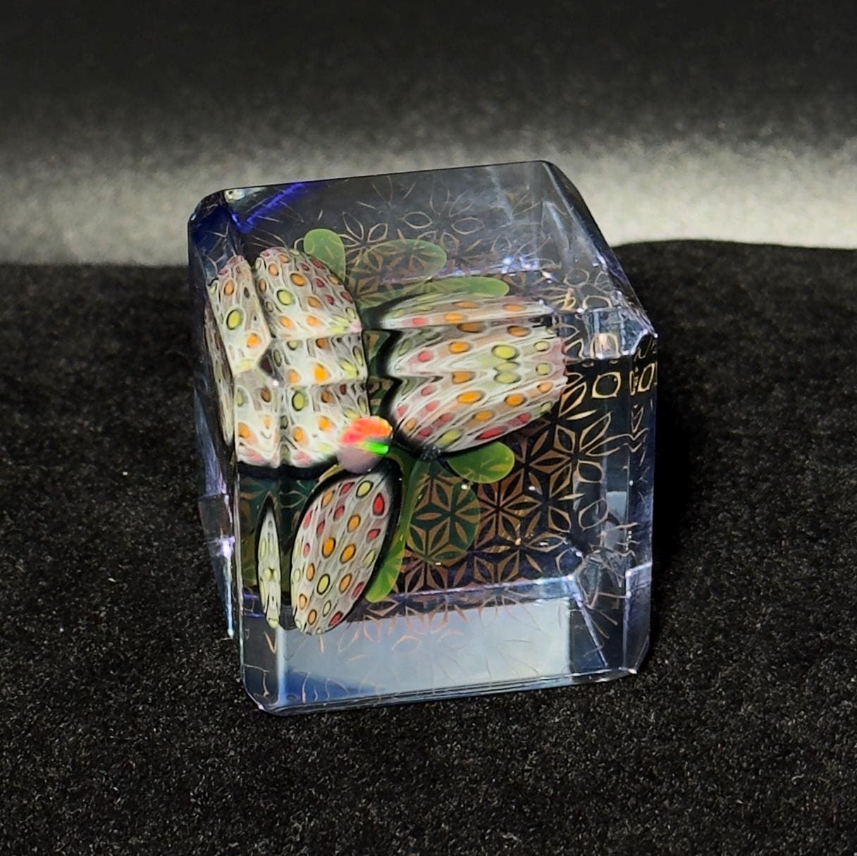 SALE! - Opal Murrini Flower Blown Glass Cube: 24k Gold & Silver Borosilicate, 40mm