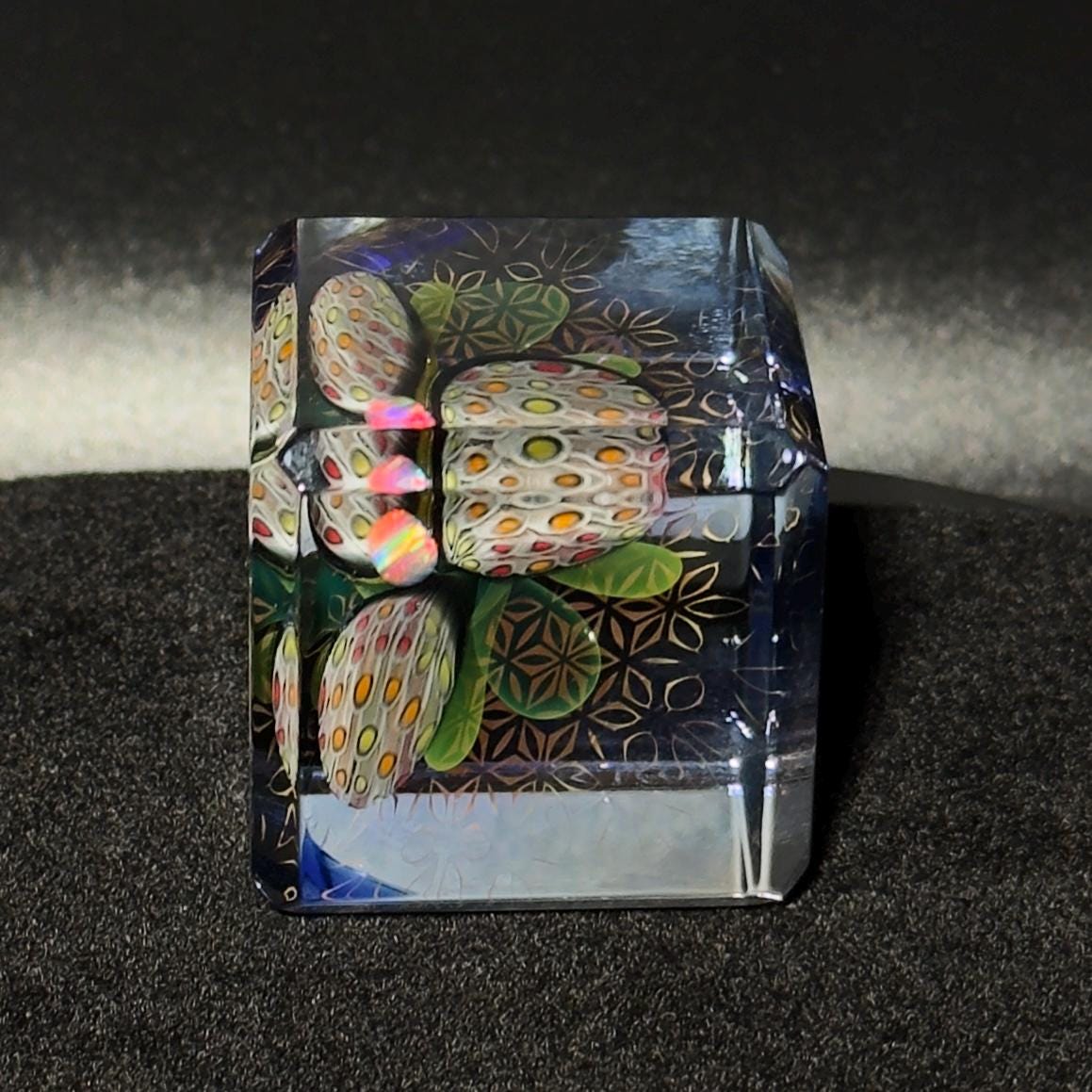 SALE! - Opal Murrini Flower Blown Glass Cube: 24k Gold & Silver Borosilicate, 40mm