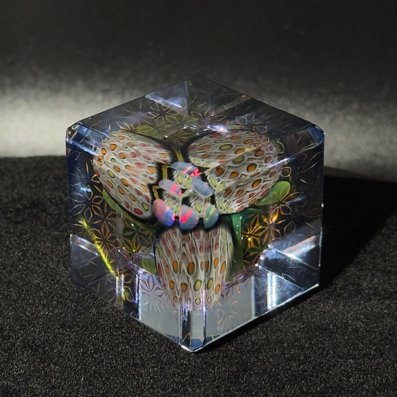SALE! - Opal Murrini Flower Blown Glass Cube: 24k Gold & Silver Borosilicate, 40mm